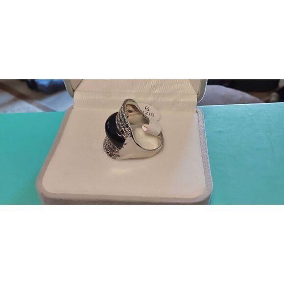 Sparkling Genuine Marcasite & Black Onyx Gemstone Wide Band Ring Sz 9 - Picture 2 of 4